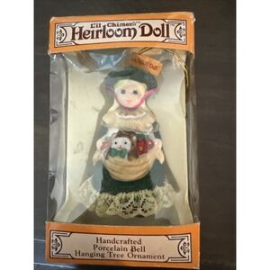 Jasco~Lil Chimers Heirloom Doll Christmas Ornament Porcelain Doll Cat Basket